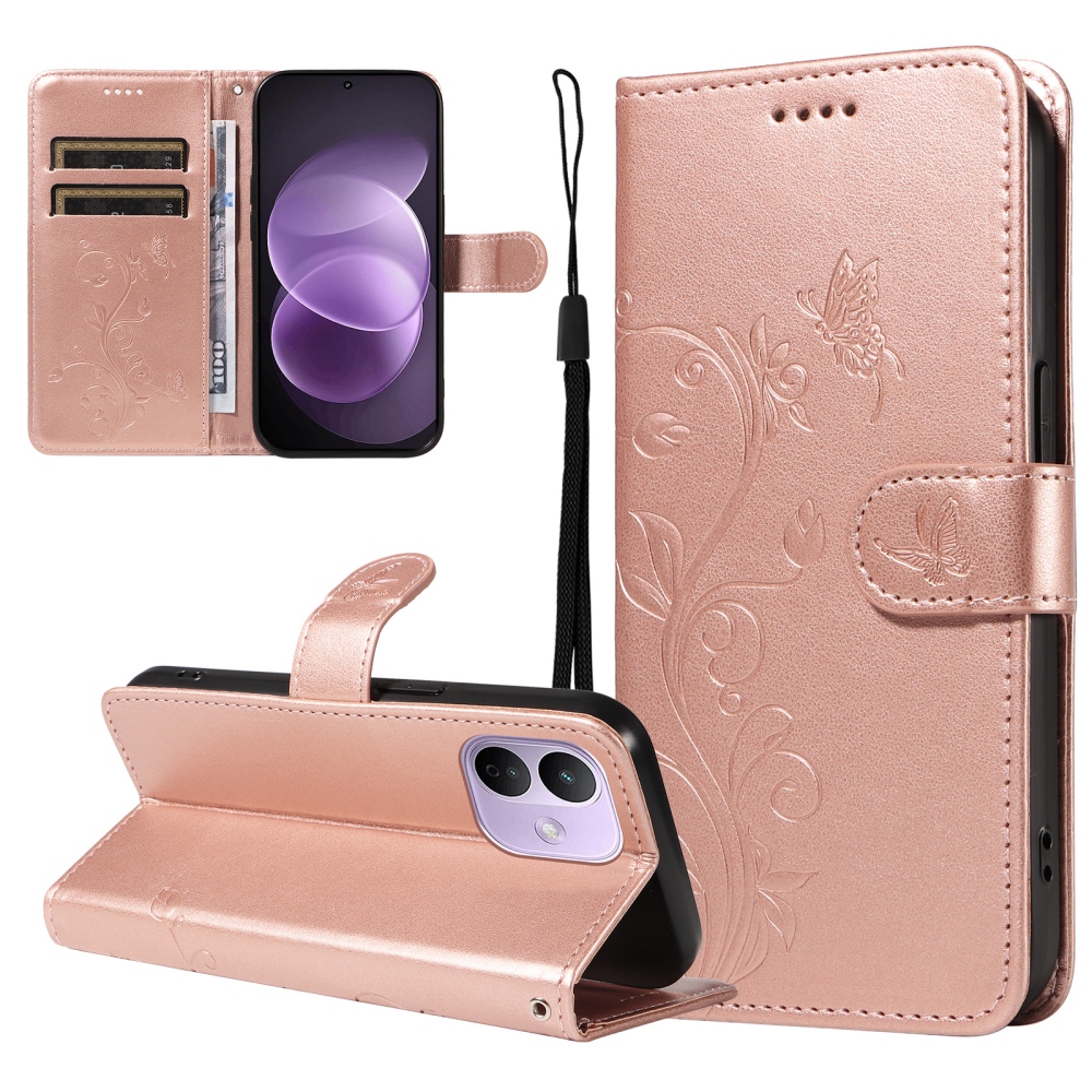 Flowers könyvformájú tok a Xiaomi Redmi Note 17 Pro 5G-hez – rózsaszín-arany
