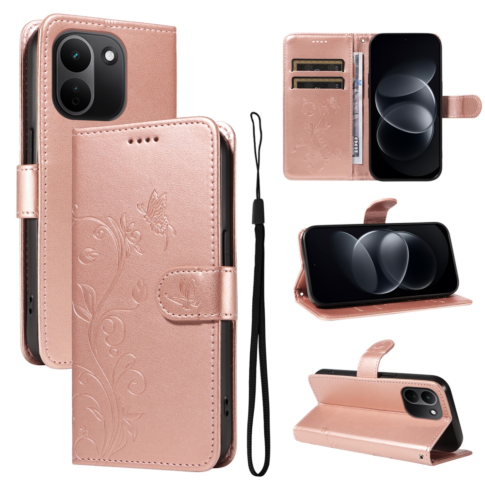 Flowers könyvformájú tok a Xiaomi Redmi Note 17 Pro Max 5G-hez – rózsaszín-arany