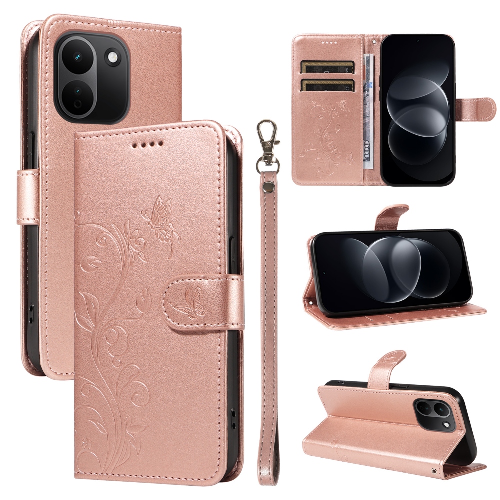 Flowers könyvformájú tok a Xiaomi Redmi Note 17 Pro Max 5G-hez – rózsaszín-arany