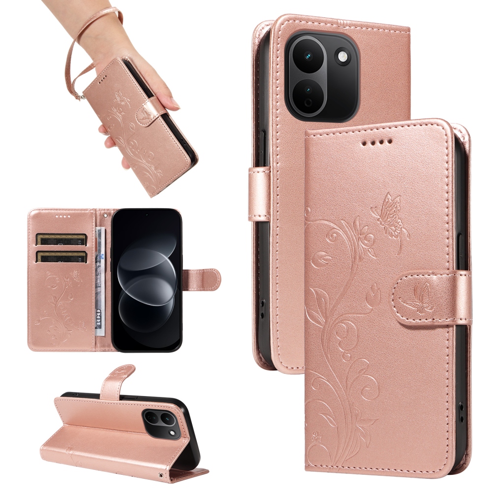Flowers könyvformájú tok a Xiaomi Redmi Note 17 Pro Max 5G-hez – rózsaszín-arany