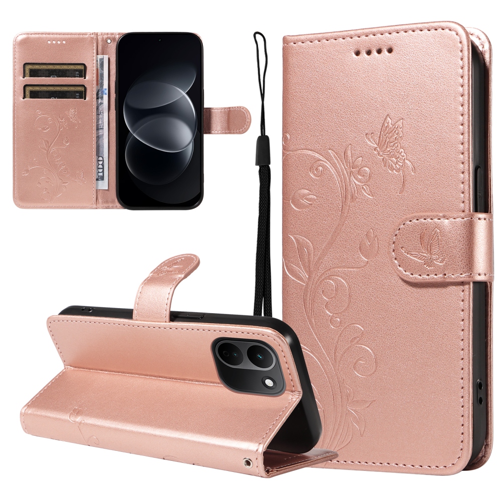 Flowers könyvformájú tok a Xiaomi Redmi Note 17 Pro Max 5G-hez – rózsaszín-arany