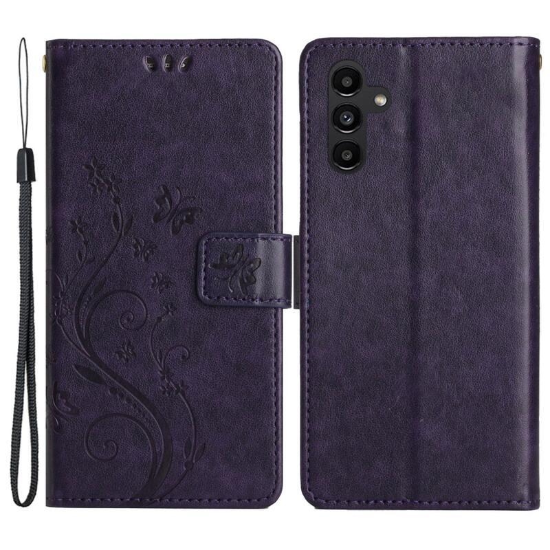 Virágok pénztárca tok Samsung Galaxy A54 5G - sötét lila
