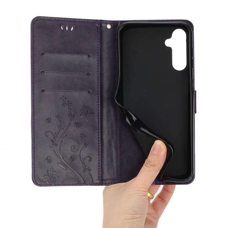 Virágok pénztárca tok Samsung Galaxy A54 5G - sötét lila
