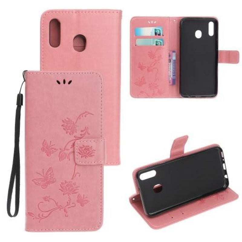Virágok PU bőr pénztárca tok Samsung Galaxy A20e - rózsaszín