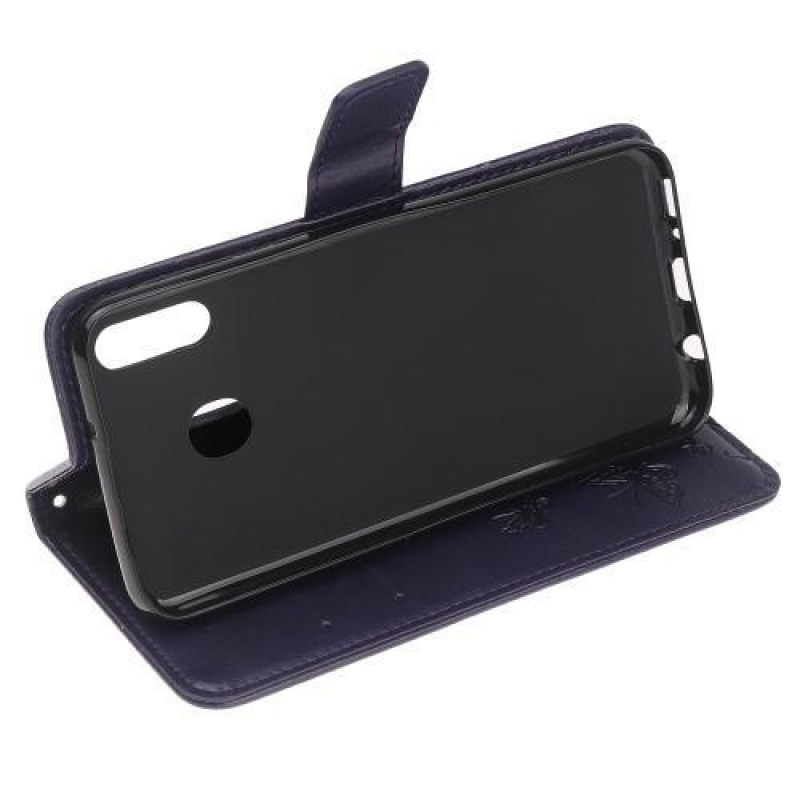 Virágok PU bőr pénztárca tok Samsung Galaxy A20e - sötét lila