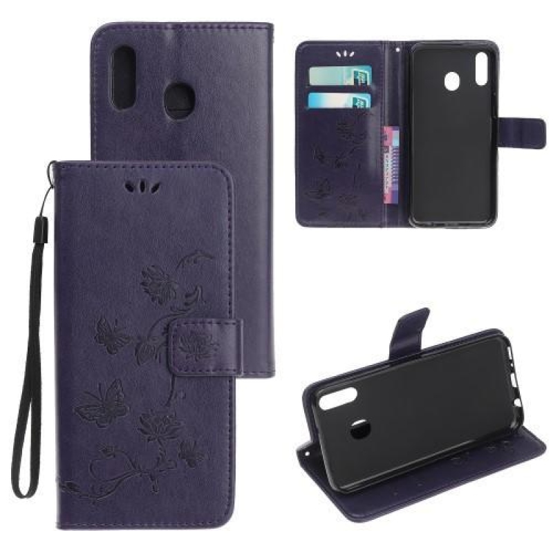Virágok PU bőr pénztárca tok Samsung Galaxy A20e - sötét lila