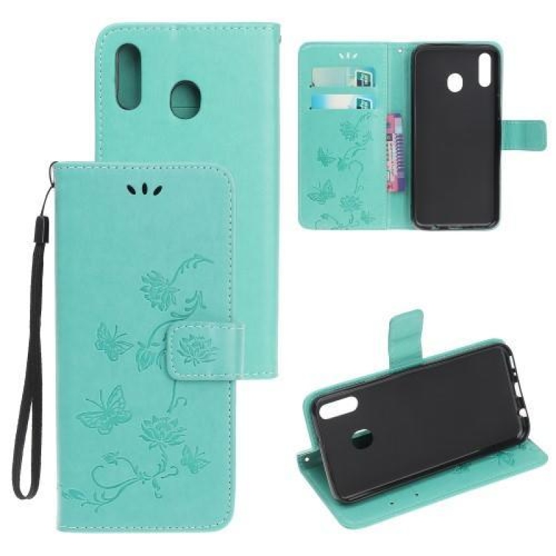 Virágok PU bőr pénztárca tok Samsung Galaxy A20e-hez - zöld