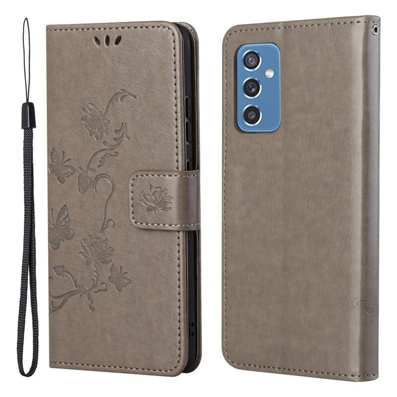 Virágok PU bőr pénztárca tok Samsung Galaxy M52 5G-hez - szürke