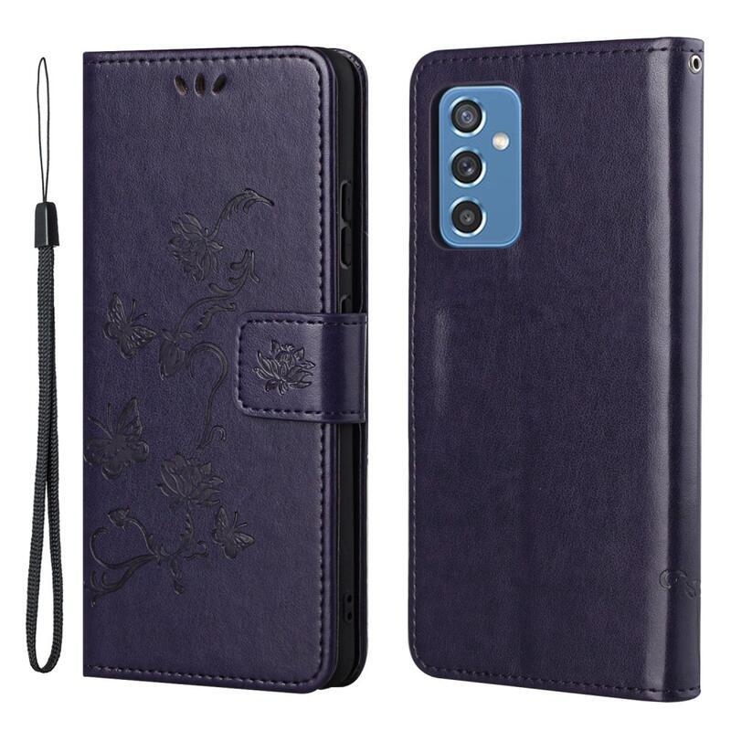 Virágok PU bőr pénztárca tok Samsung Galaxy M52 5G - sötét lila