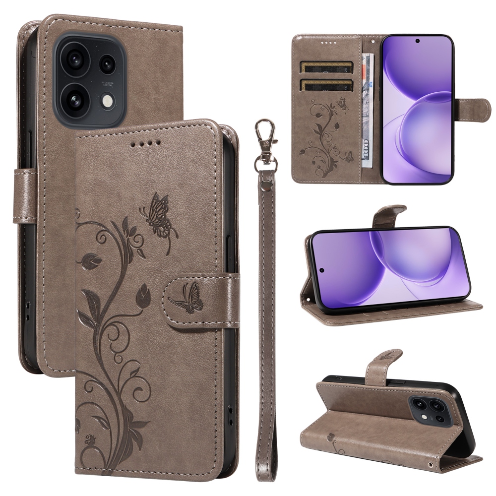 Virágmintás könyvhátlap az Oppo Reno 16 Pro 5G/Oppo Reno 16 5G készülékhez – szürke