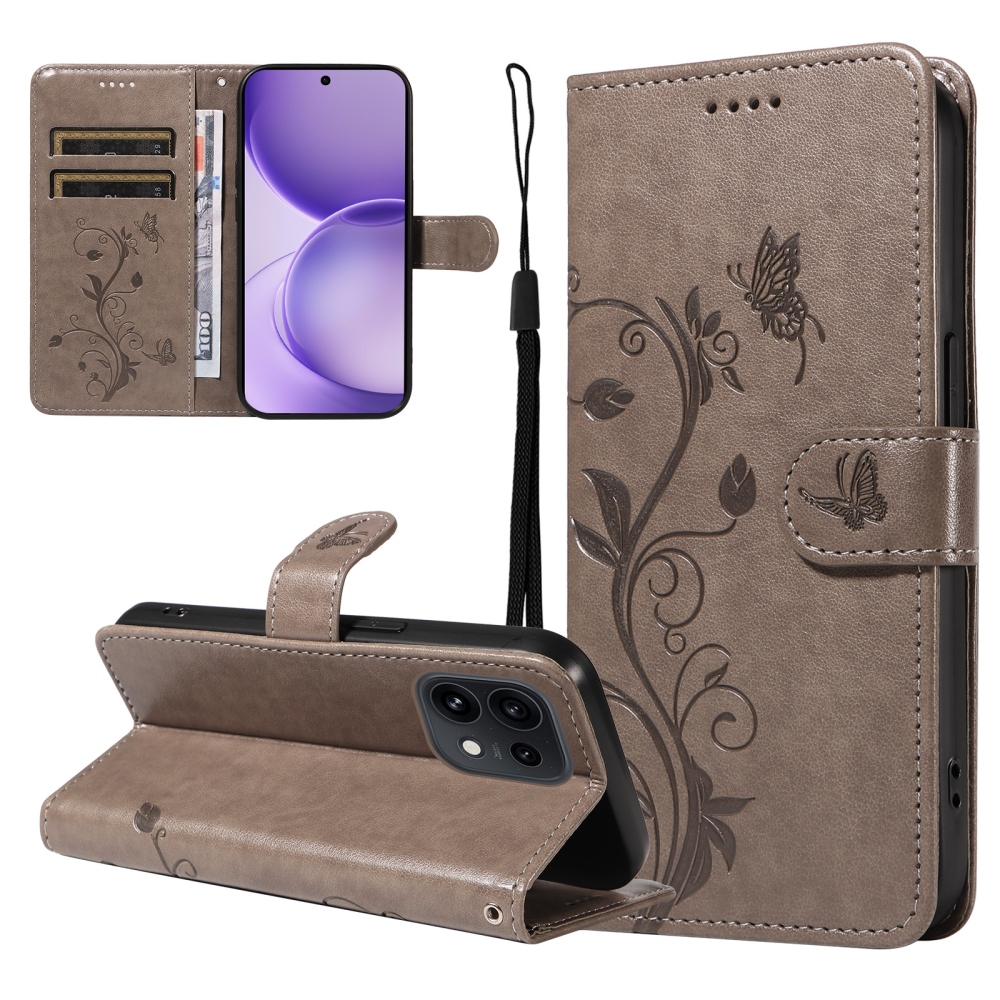 Virágmintás könyvhátlap az Oppo Reno 16 Pro 5G/Oppo Reno 16 5G készülékhez – szürke