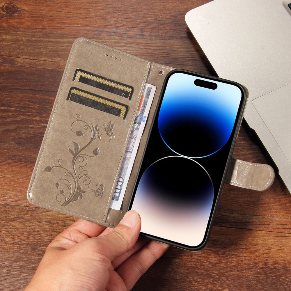 Virágmintás könyvhátlap az Oppo Reno 16 Pro 5G/Oppo Reno 16 5G készülékhez – szürke
