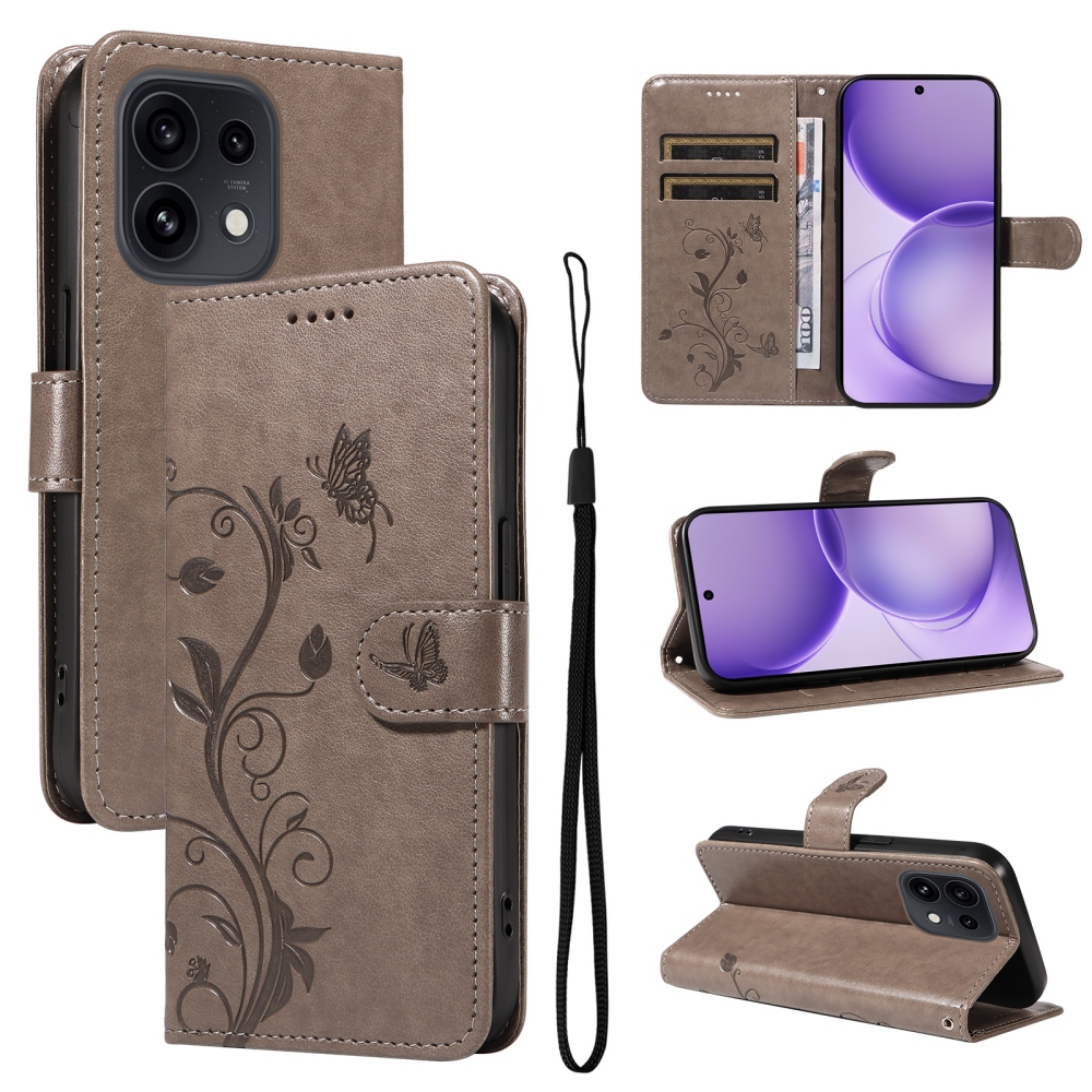 Virágmintás könyvhátlap az Oppo Reno 16 Pro 5G/Oppo Reno 16 5G készülékhez – szürke