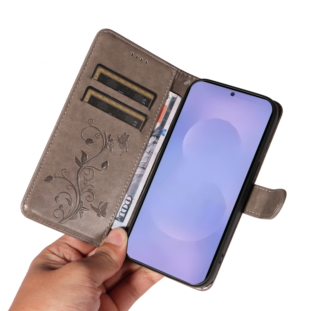 Virágos könyves tok Samsung Galaxy S26+ készülékhez - szürke