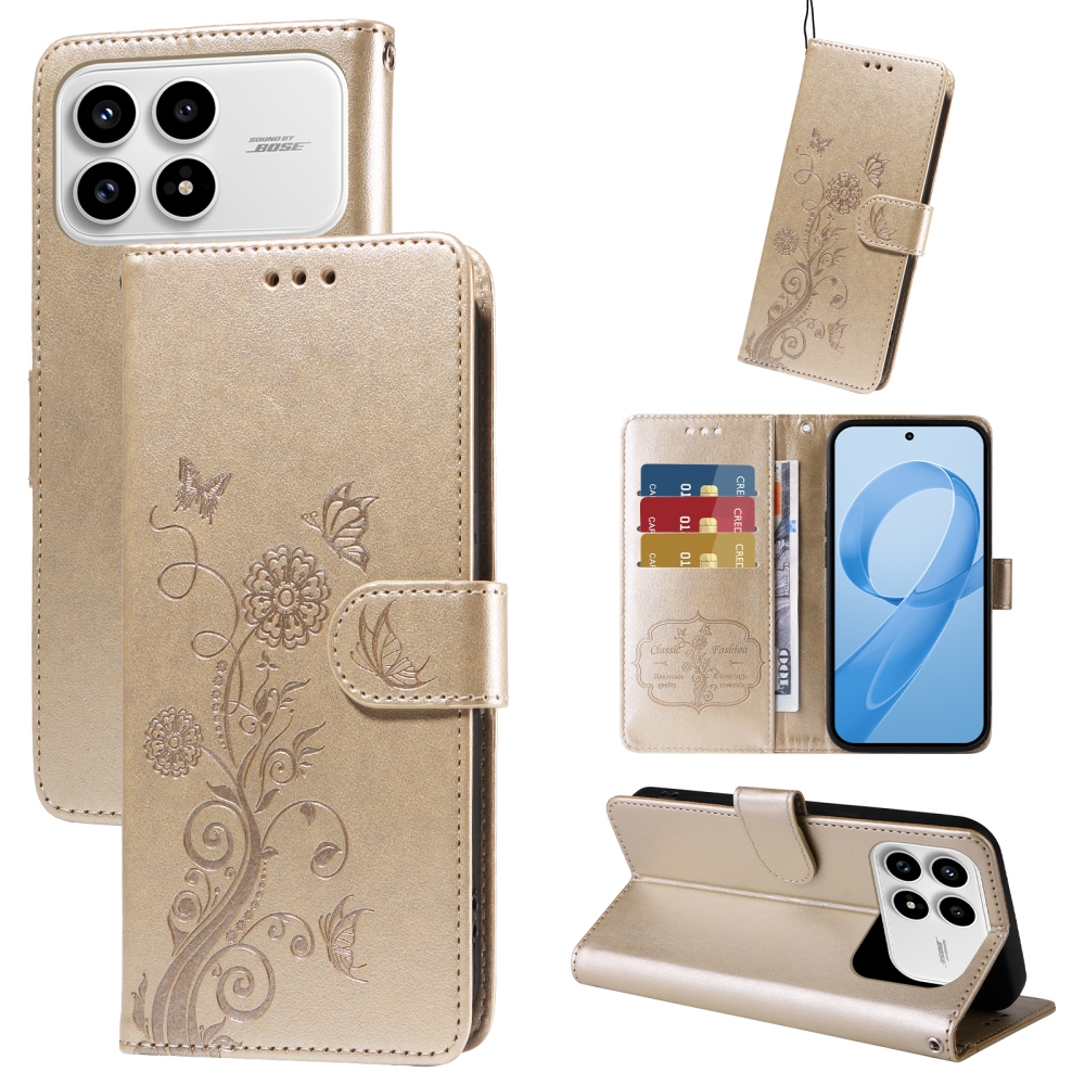 Virágos könyv tok a Xiaomi Poco F8 Pro 5G számára - arany színű