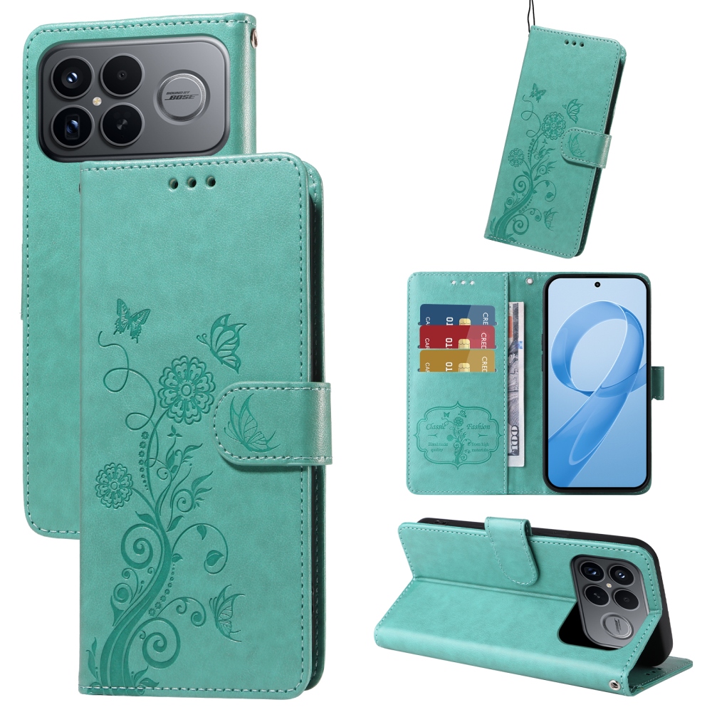 Virágos könyv tok a Xiaomi Poco F8 Ultra 5G-hez - teal színű