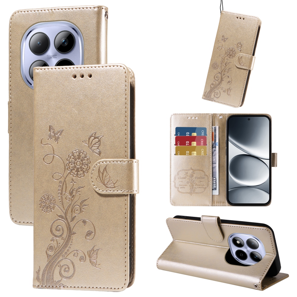 Virágos könyv tok a Xiaomi Redmi Note 15 Pro 4G-hez - arany színű