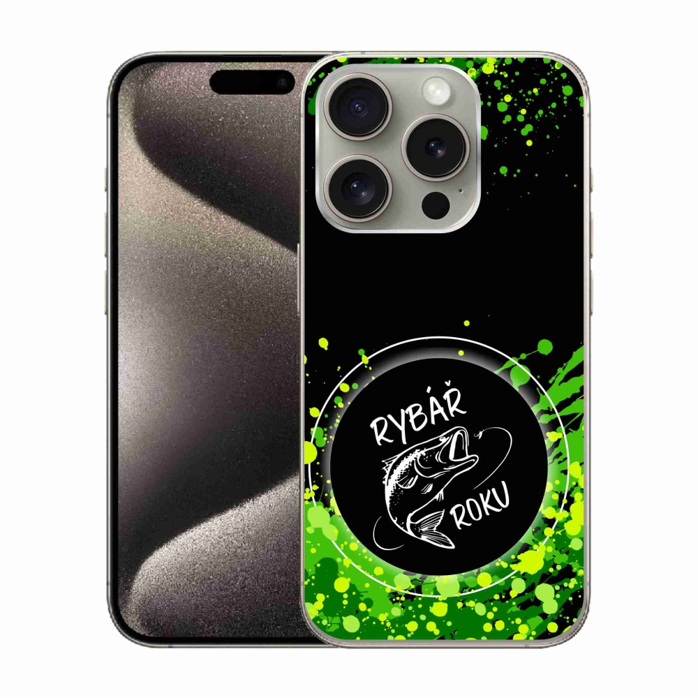 Zselés borítás mmCase iPhone 15 Pro készülékhez - Az év horgásza fekete háttérrel