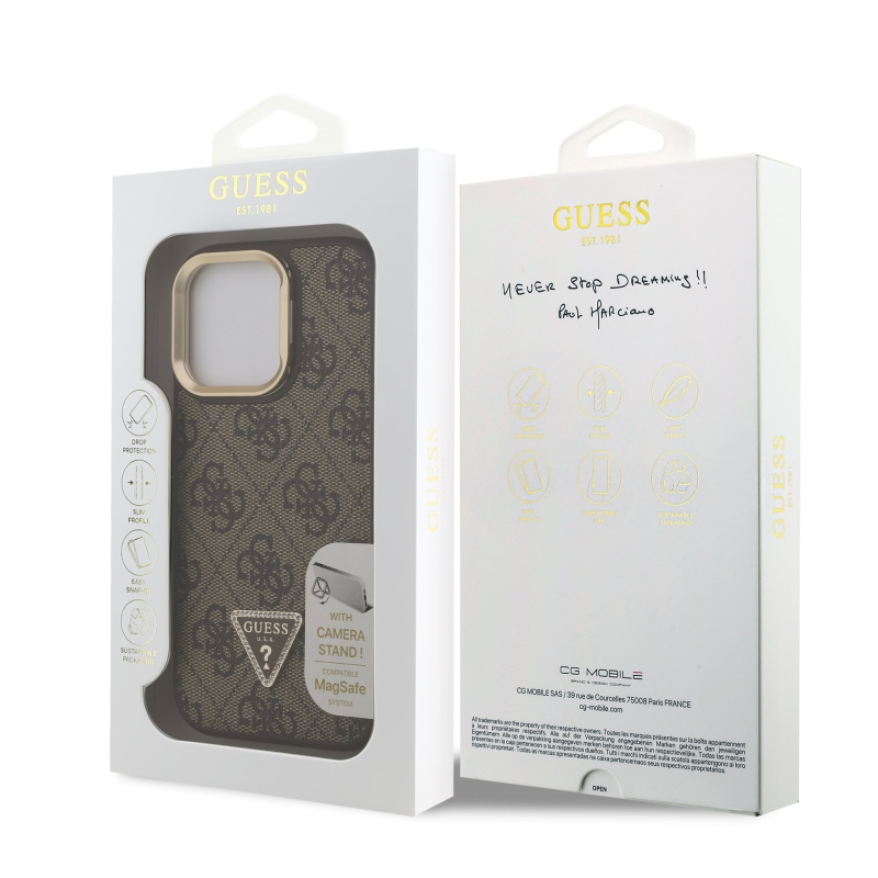 Guess PU 4G Strass háromszög logó állvány kamera keret MagSafe hátlapi borító iPhone 15 Pro Max barna barna