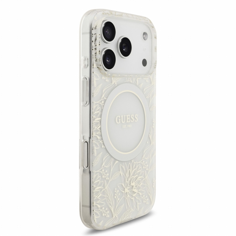 Guess IML Flowers Allover Strap MagSafe hátsó tok iPhone 18 Pro-hoz, fehér