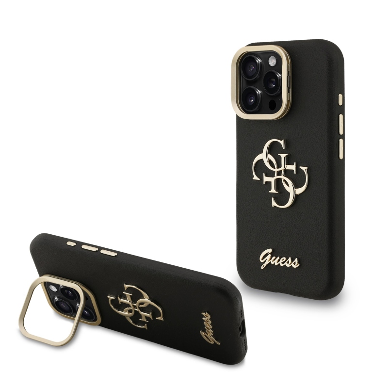 Guess PU szemcsés 4G Logo Stand Kamera keret hátlapi borító iPhone 15 Pro fekete