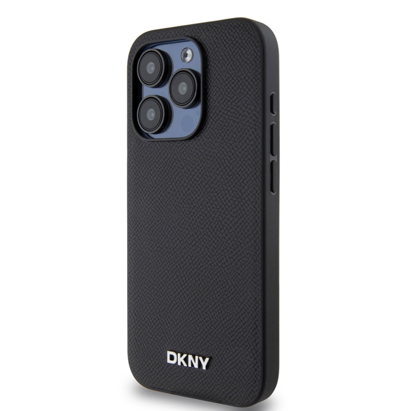 DKNY PU bőr ezüst fém logó Magsafe hátlap iPhone 15 Pro Max-hoz Fekete