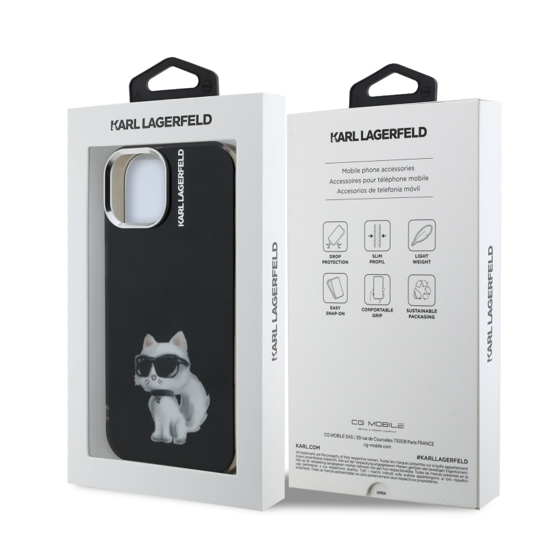 Karl Lagerfeld IML Aquarelle Choupette hátlapi borító iPhone 15-hez Fekete