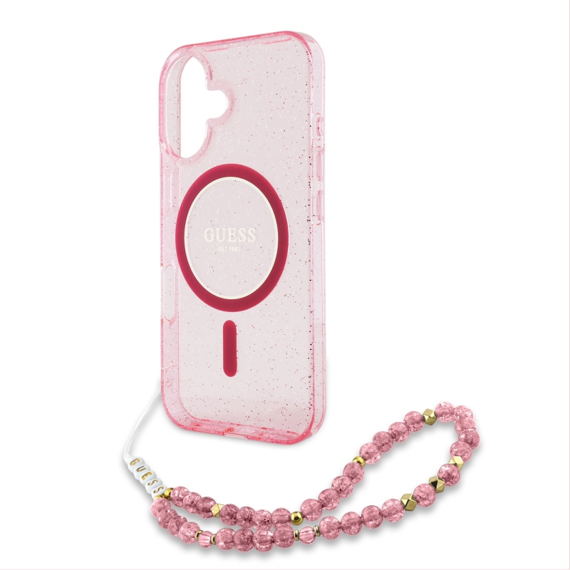 Guess IML Glitter Strap MagSafe hátlap iPhone 16 Plus rózsaszínű iPhone 16 Plus készülékhez