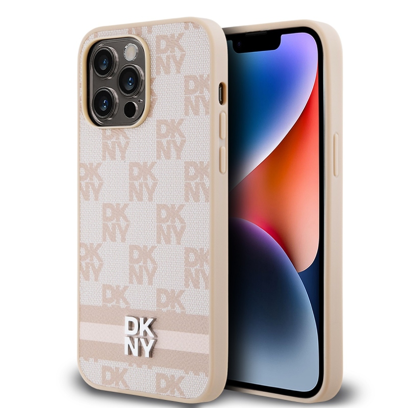DKNY PU bőr kockás mintás és csíkos hátlapi borító iPhone 15 Pro Max rózsaszínhez