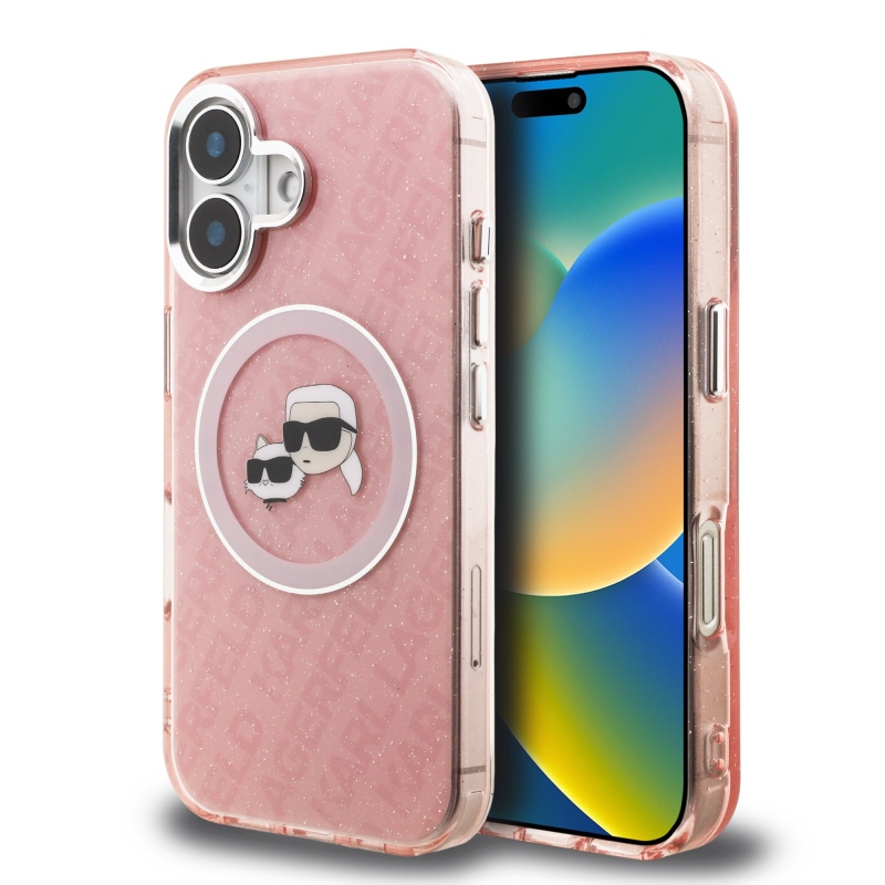 Karl Lagerfeld IML K&CH Heads Ismételt logó MagSafe hátlapi borító iPhone 16 rózsaszínhez