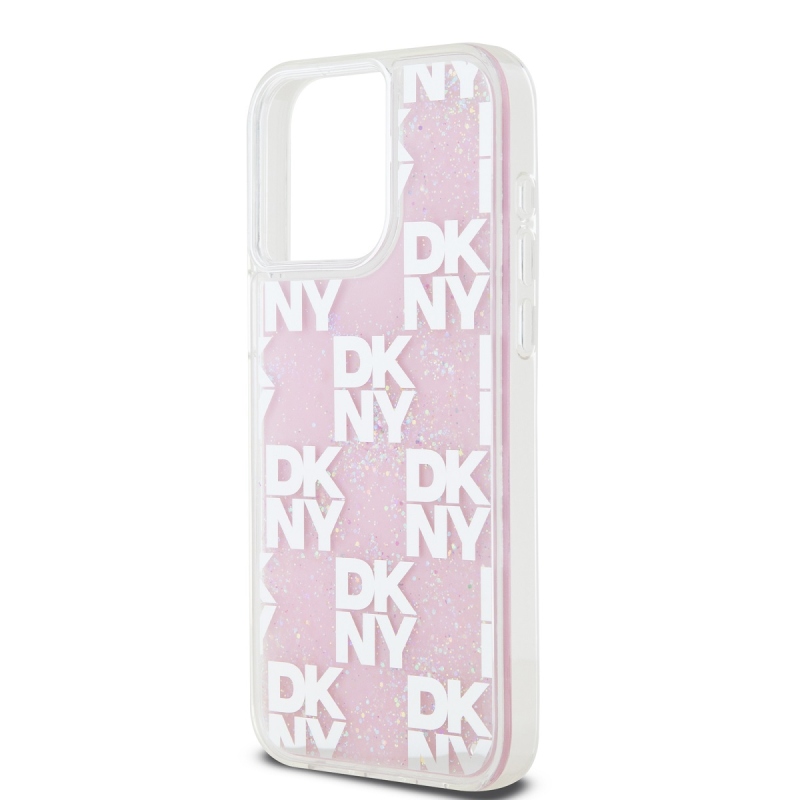 DKNY Liquid Glitter Checkered Pattern hátlapi borító iPhone 15 Pro Max rózsaszínhez