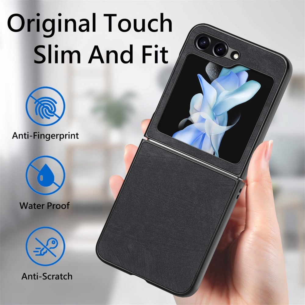 Vintage műanyag borítás műbőrrel Samsung Galaxy Z Flip6 5G készülékhez - fekete