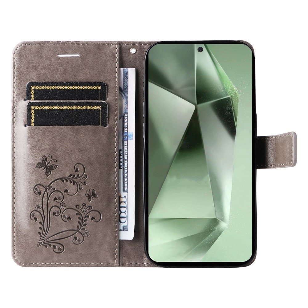 Nagy pillangó könyv tok Samsung Galaxy S24 FE készülékhez - szürke