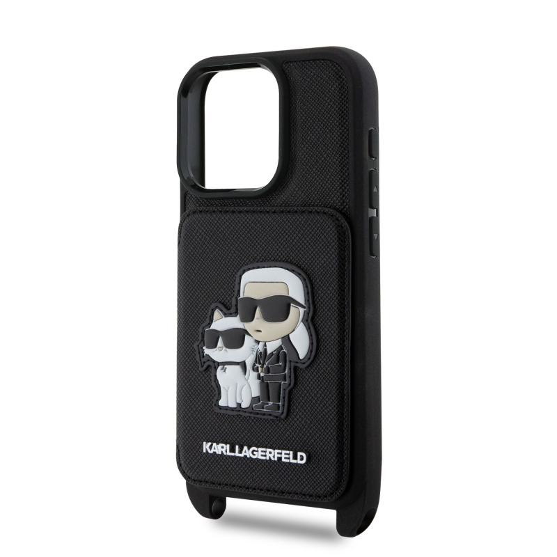Karl Lagerfeld Saffiano válltáska pánttal, Karl és Choupette mintával, iPhone 16 Pro Max tok, fekete