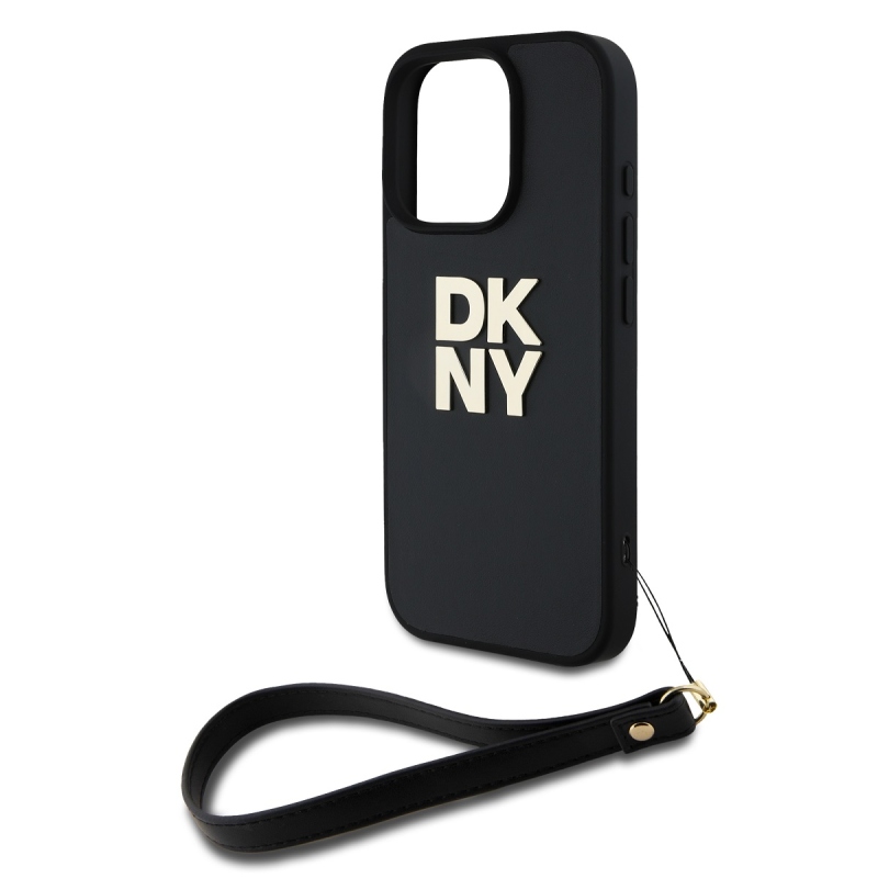 DKNY PU bőr Stack Logo csuklópánt hátlapi borító iPhone 16 Pro Fekete
