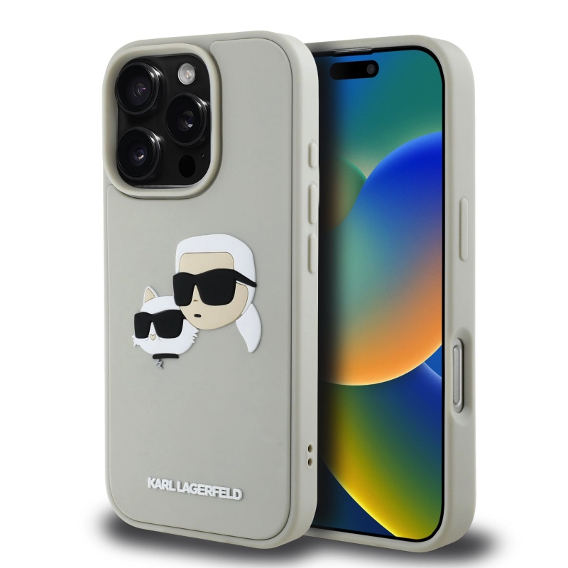 Karl Lagerfeld 3D gumiból készült duplafejű hátlap iPhone 16 Pro Max bézs színűre