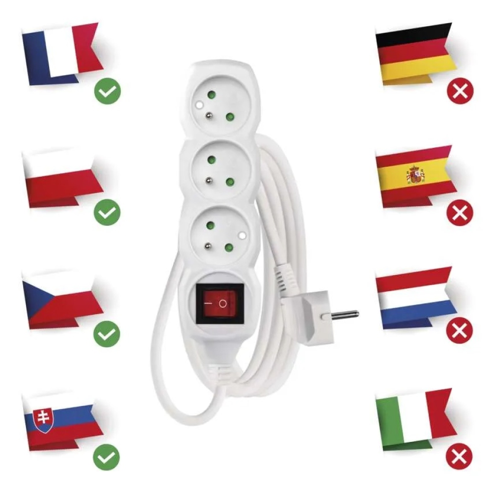 Hosszabbító kábel 2 m / 3 aljzat / kapcsolóval / fehér / PVC / 1 mm2