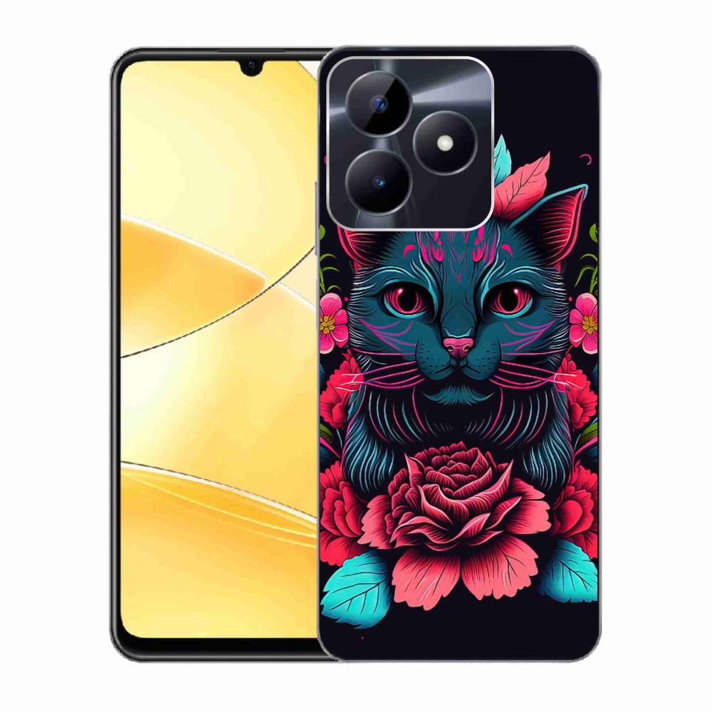 Zselés borító mmCase a Realme C51/C53 készülékhez - virágok és macska