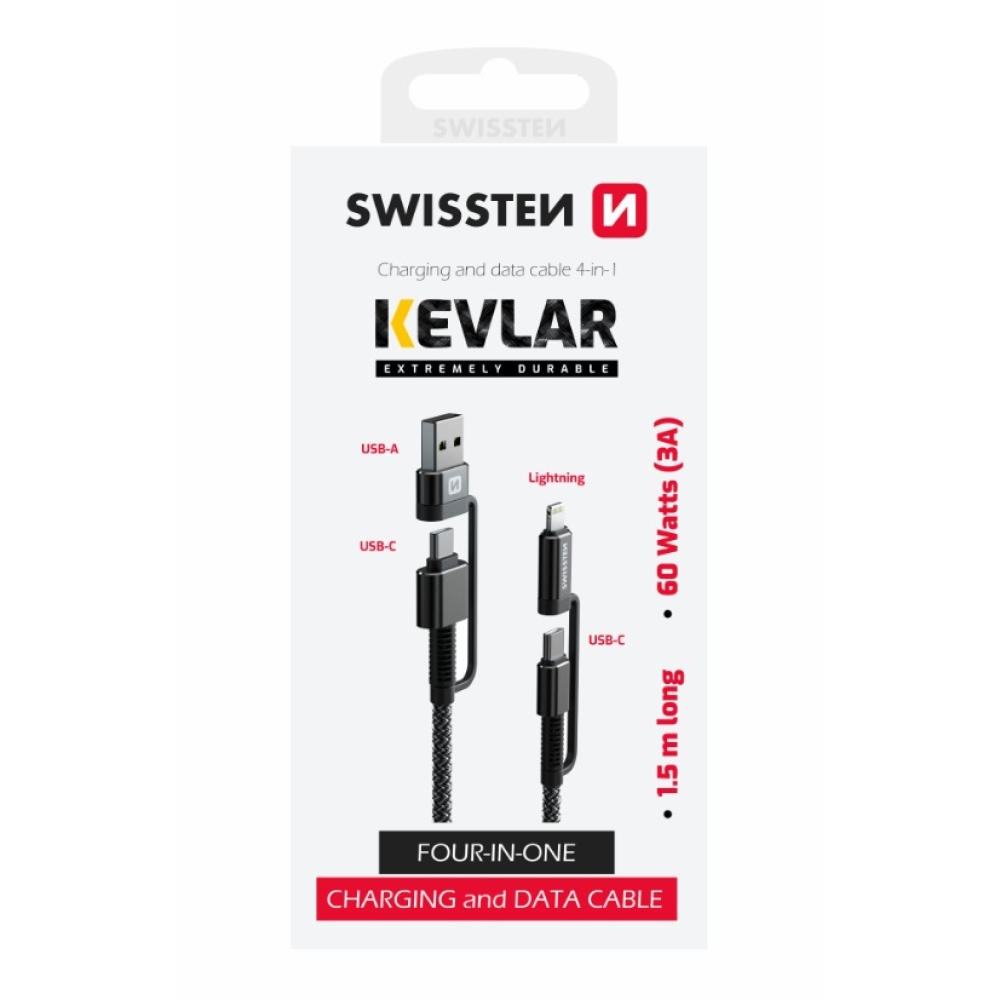 Swissten Kevlar 4v1 3A adatkábel 1,5m - antracit