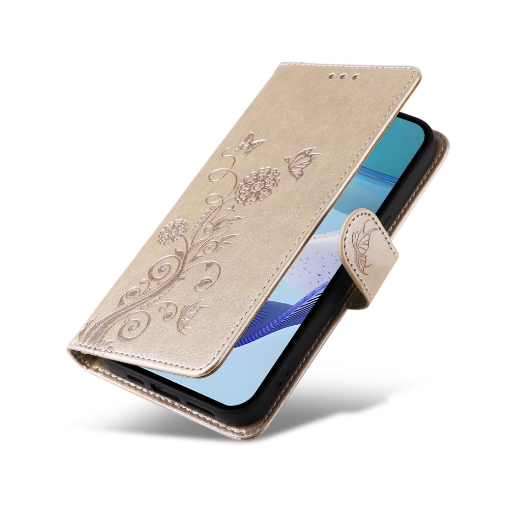 Virágos könyvtáska a Realme 14x 5G/Realme C75 készülékhez - arany színű