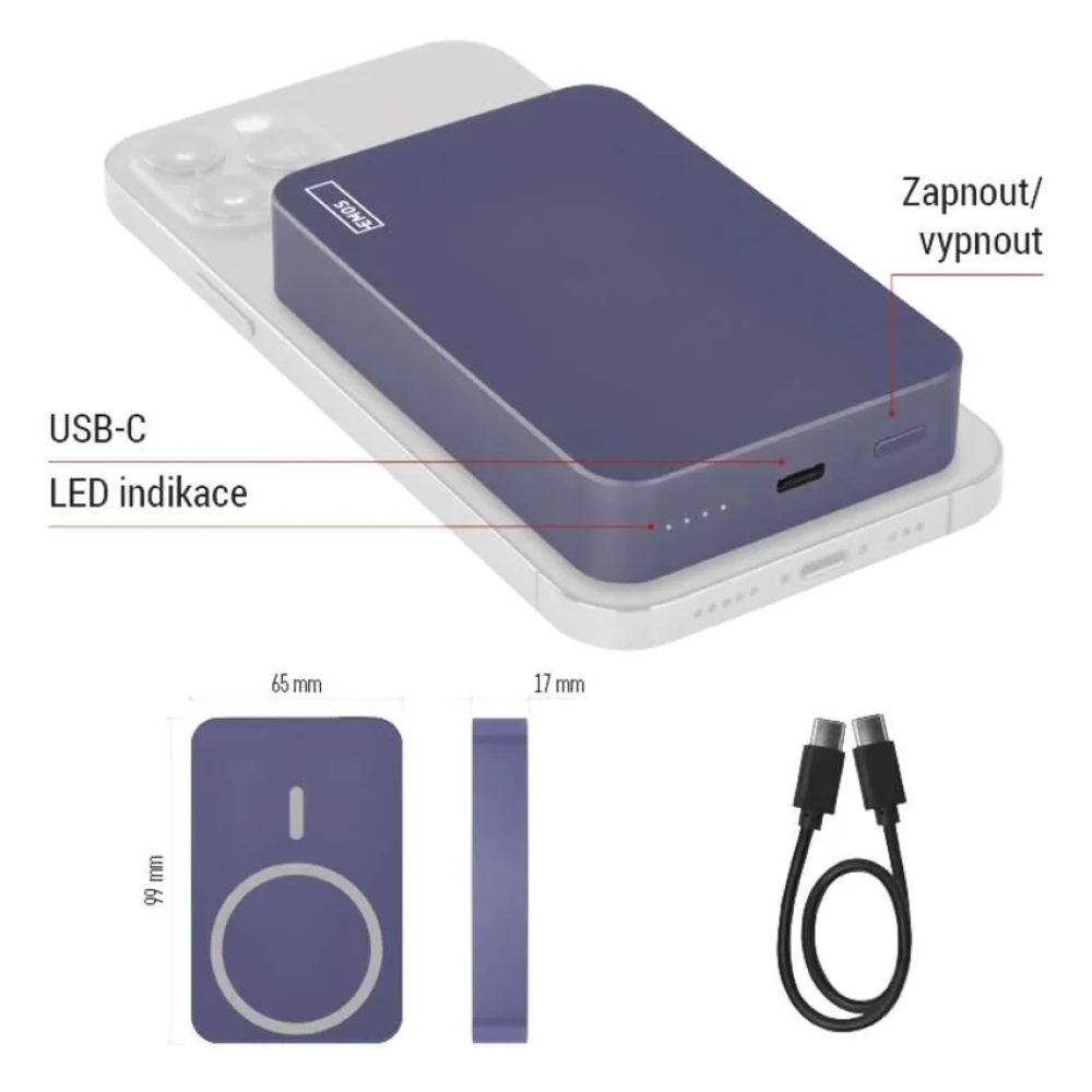 Powerbank EMOS WI 1046, 10 000 mAh, 20 W+vezeték nélküli - kék