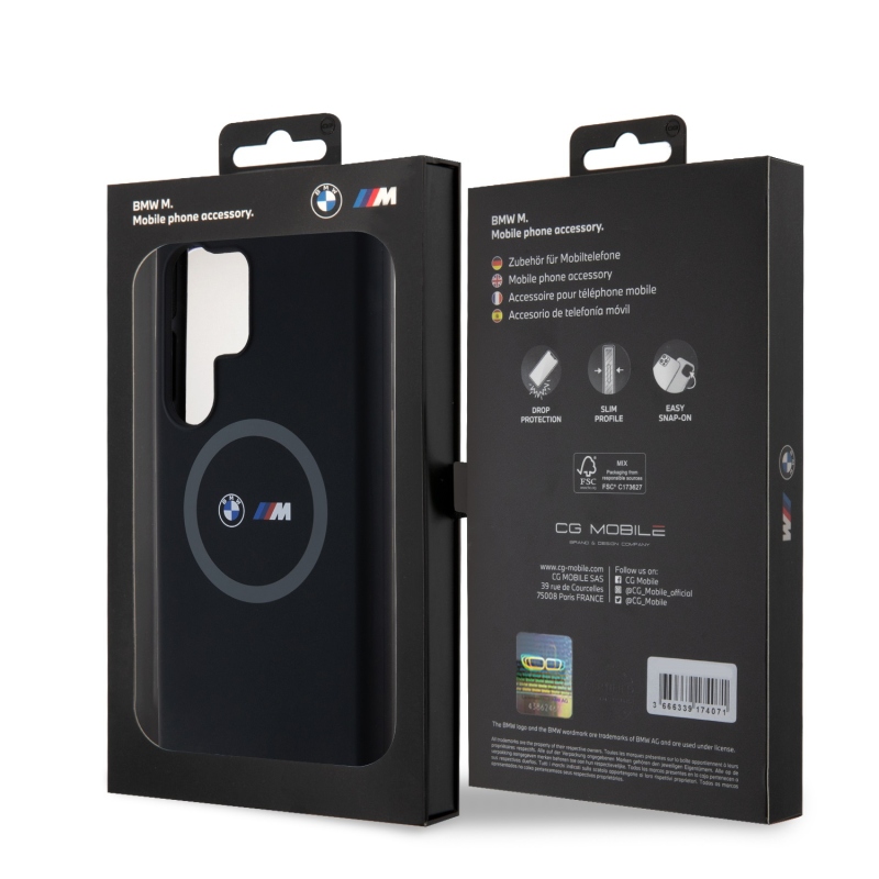 BMW M nyomtatott kerek és logó Magsafe szilikon borító Samsung Galaxy S24 Ultra fekete