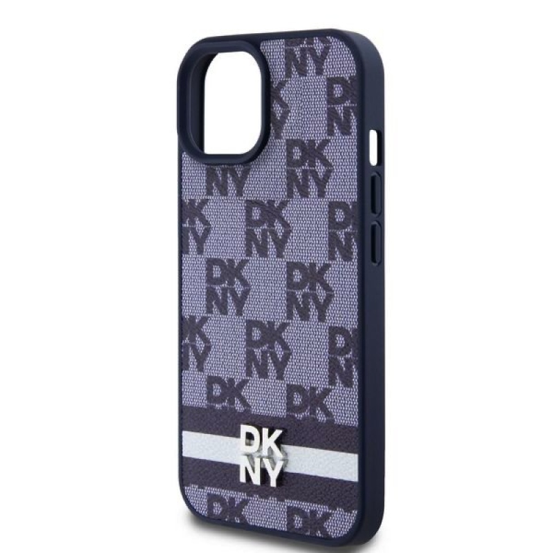 DKNY PU bőr kockás mintás és csíkos hátlapi borító iPhone 15 kékhez