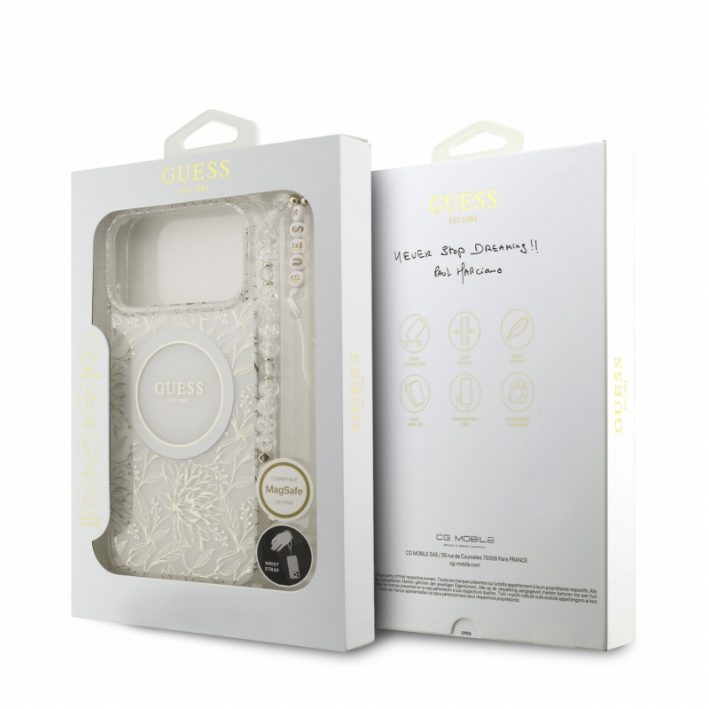 Guess IML Flowers Allover Strap MagSafe hátsó tok iPhone 18 Pro Max-hoz, fehér