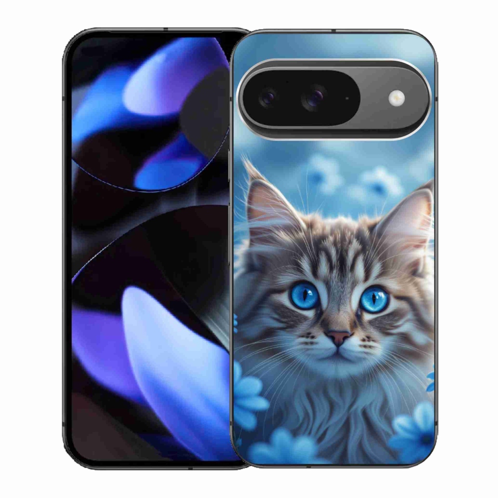Gél borítás mmCase a Google Pixel 9-hez - cica kék virágokkal