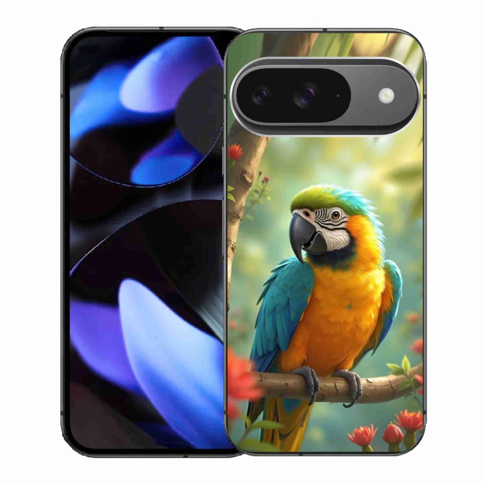 Zselés borítás mmCase a Google Pixel 9-hez - papagáj ara kék és sárga