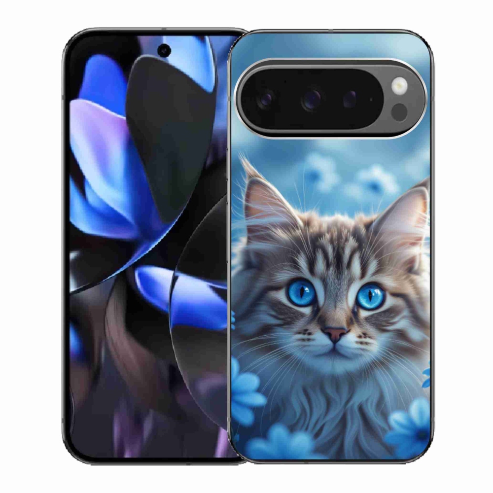 Zselés borítás mmCase a Google Pixel 9 Pro számára - kék virágos cica