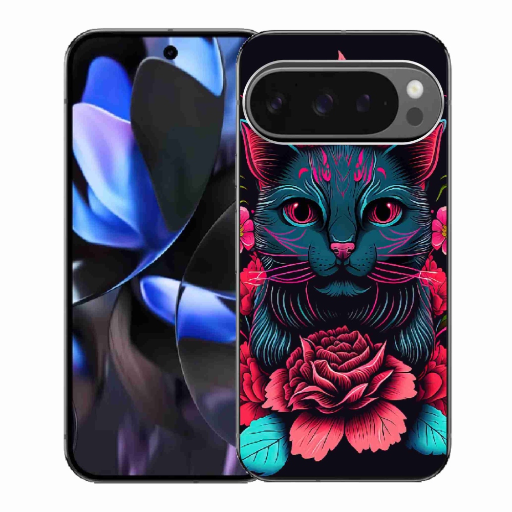 Gél borítás mmCase a Google Pixel 9 Pro számára - virágok és macska