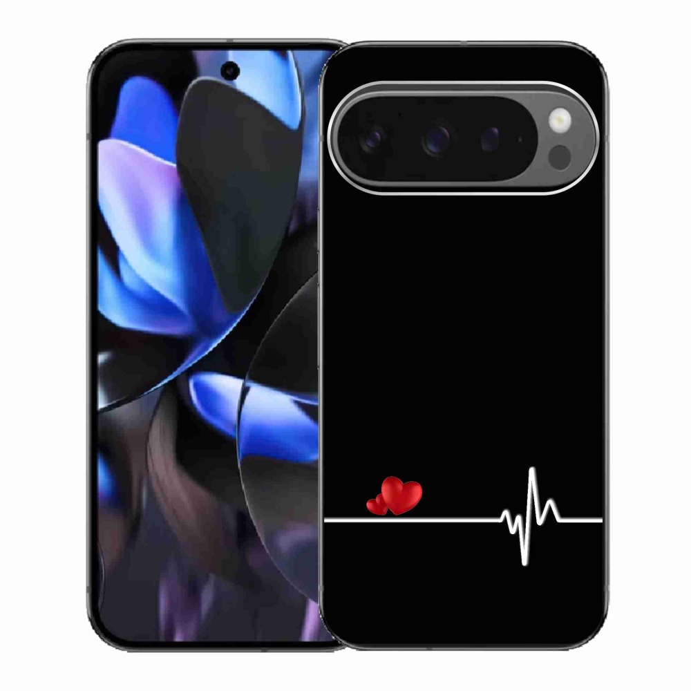 Gél borítás mmCase a Google Pixel 9 Pro számára - szív és szívverés fekete háttérrel