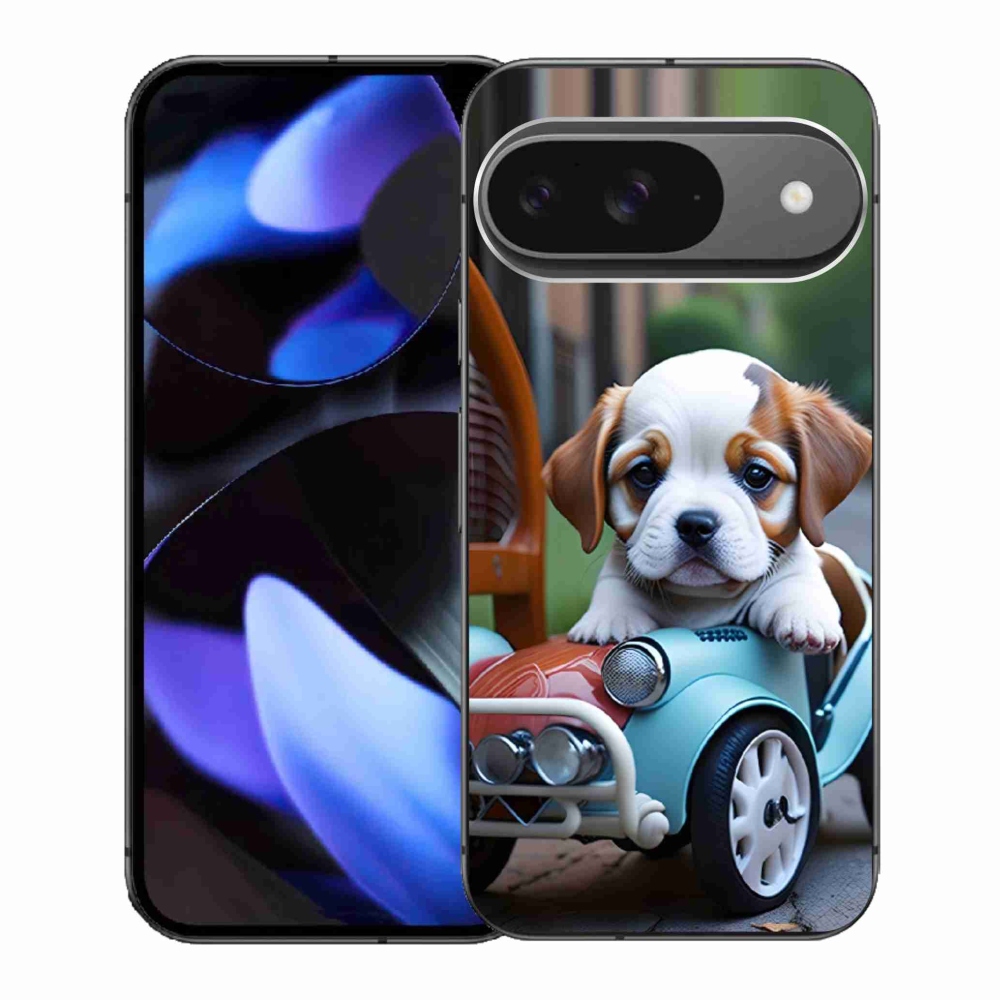 Gél borítás mmCase a Google Pixel 9-hez - kiskutya egy retro autóban